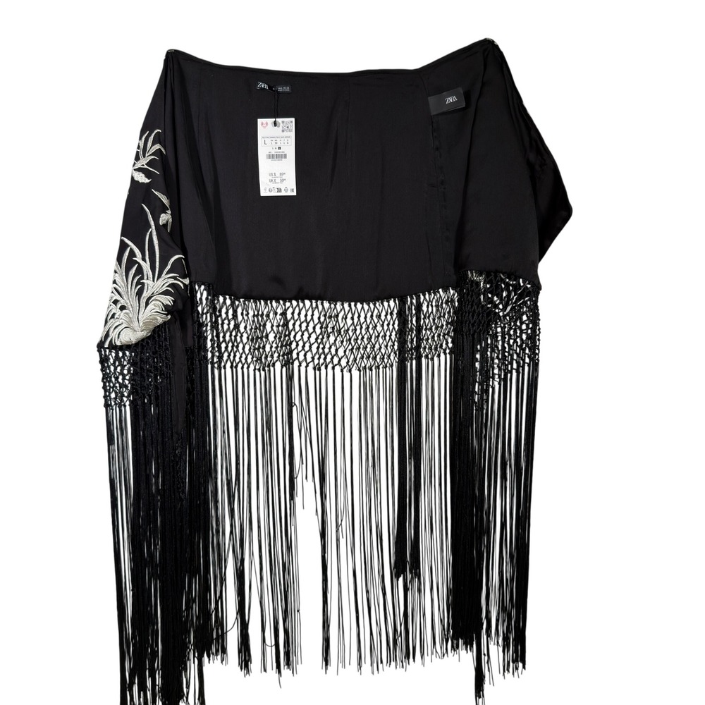 Zara Black Embroidered Fringe Wrap‎ Skirt Sarong Cover Up Women's L NWT - Picture 3 of 7